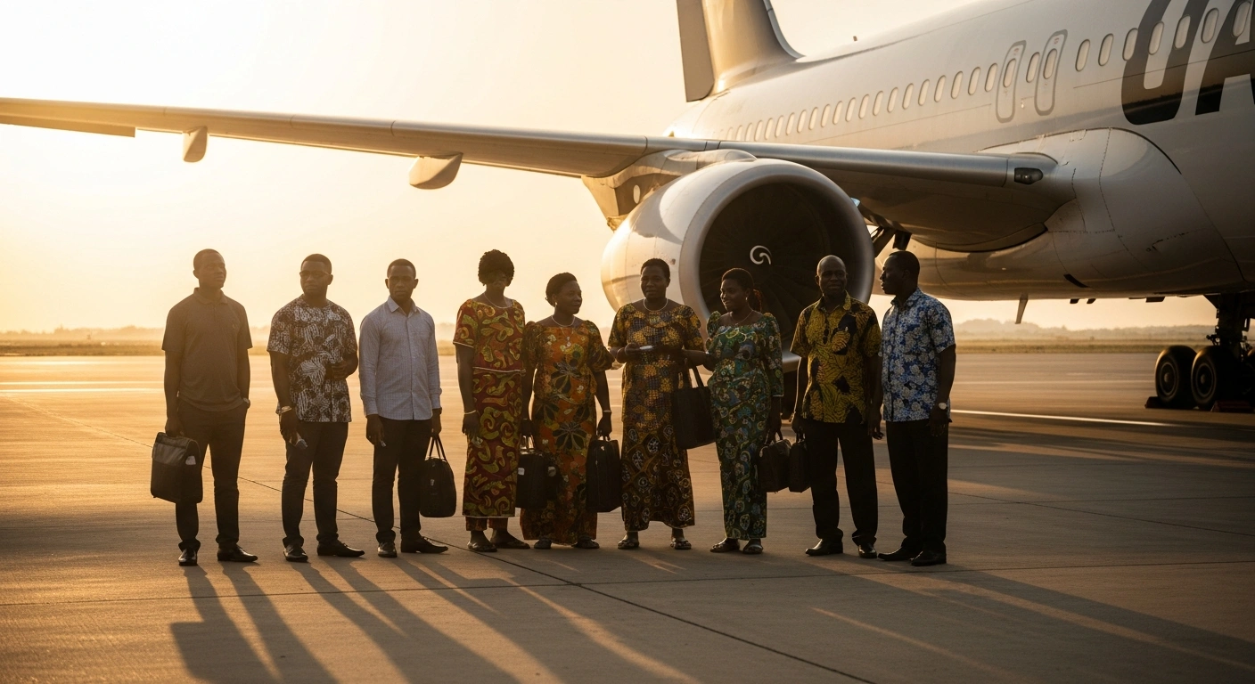 A group of Ghanaian citizens prepares to board an airplane in South Africa for their government-led repatriation flight.