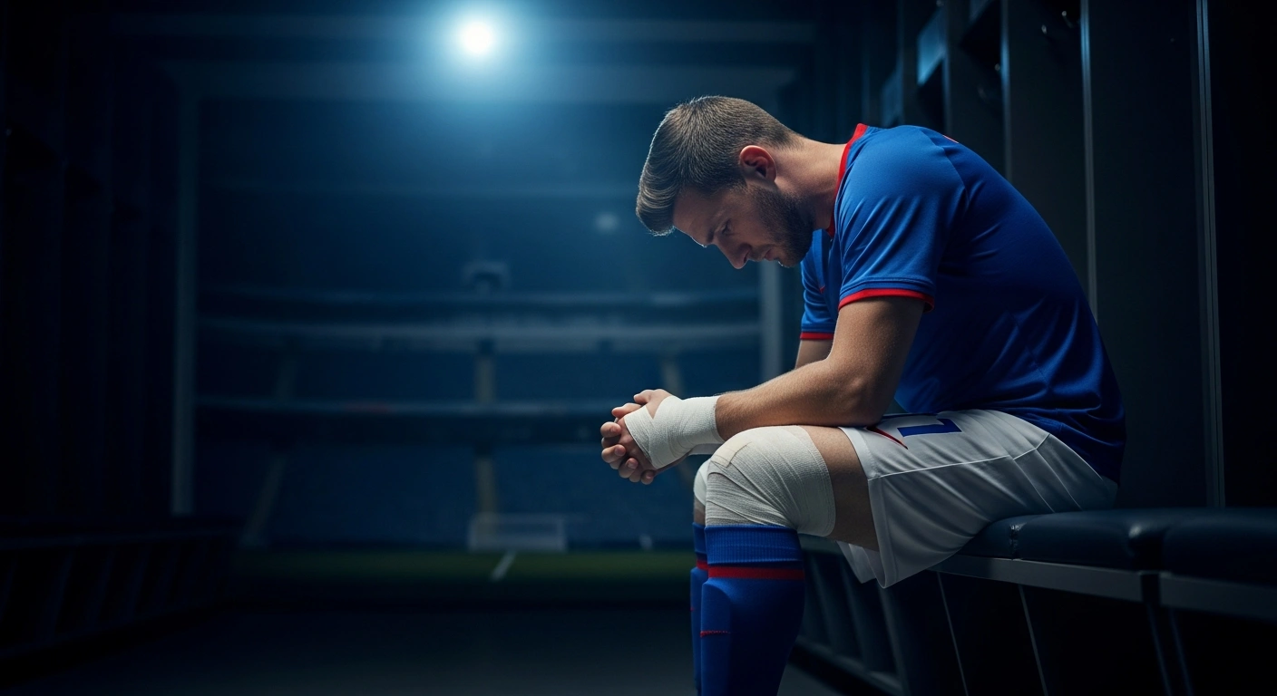 A professional soccer player sits on a bench with a bandaged leg, representing the injury setback for Italian forward Gianluca Scamacca.