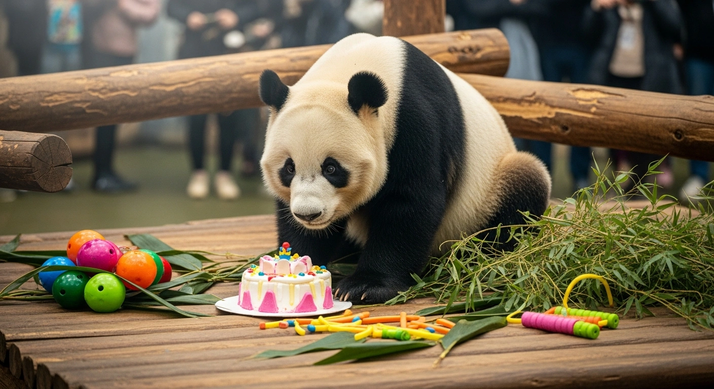 A giant panda named Qinglu enjoys a special birthday treat at the Chongqing Zoo in China while surrounded by enrichment activities.