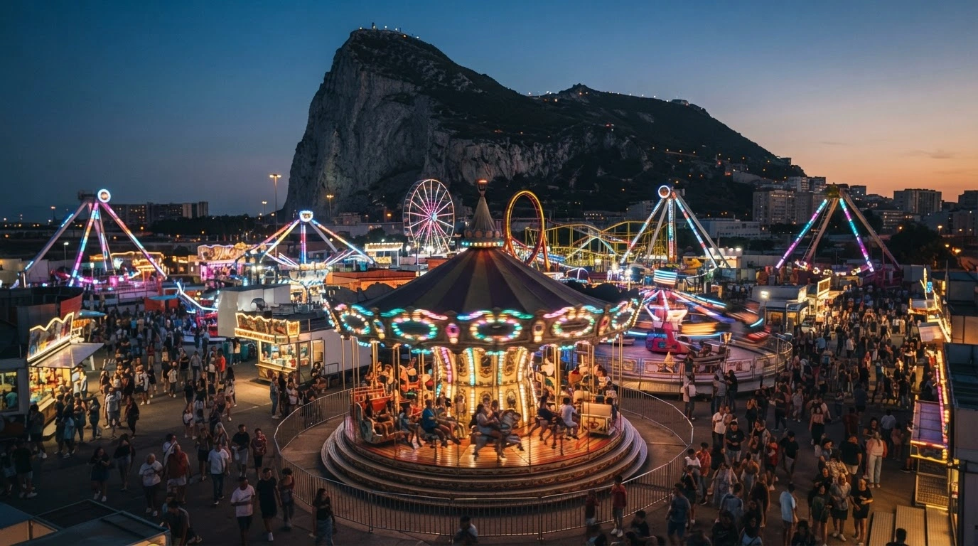 The annual Gibraltar Fair features brightly lit amusement rides and a festive atmosphere at the Rooke site with the Rock of Gibraltar in the background.