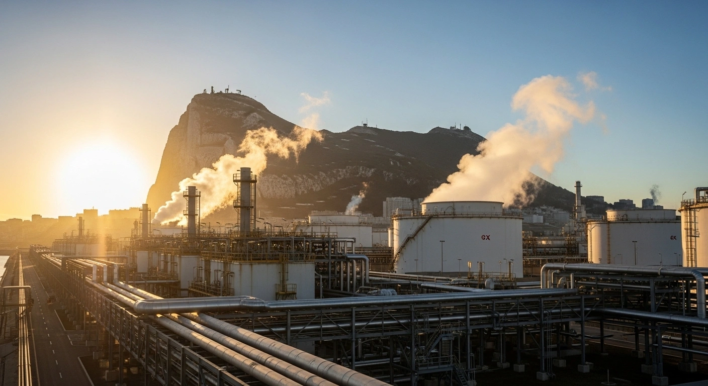 A wide, low-angle shot at golden hour shows a sprawling, state-of-the-art LNG terminal with intricate pipes and storage tanks, set against the Rock of Gibraltar, symbolizing the transition of operations and maintenance for Gibraltar's energy security.