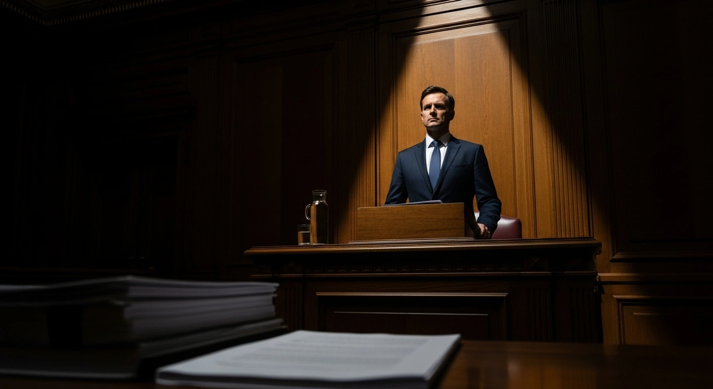 A determined Chief Minister Fabian Picardo stands at a polished wooden podium in a dimly lit parliamentary chamber, illuminated by a dramatic spotlight, with a stack of official documents in the foreground, symbolizing his strong defense of Gibraltar's reputation against the Principal Auditor's report and claims of unconstitutional actions regarding the Gibraltar Savings Bank audit.