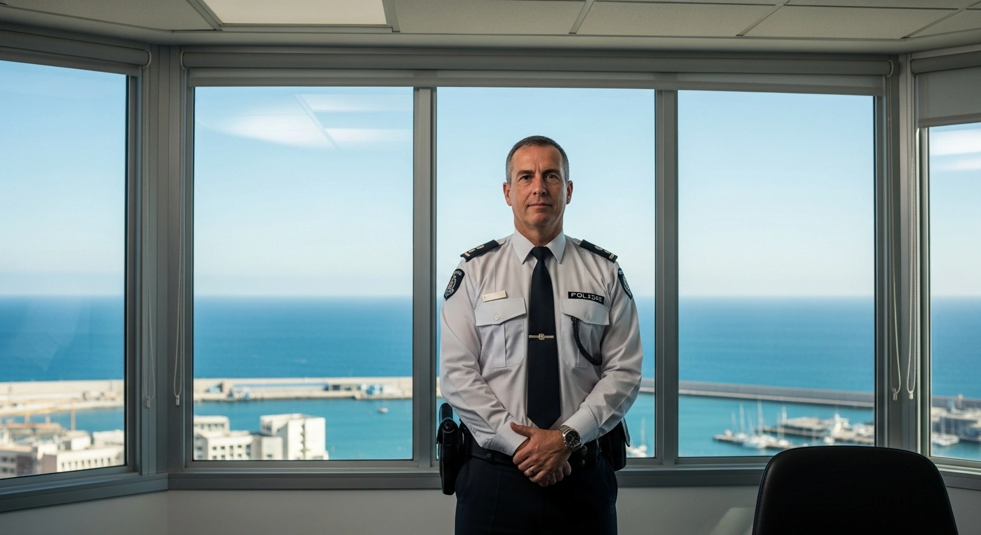 Royal Gibraltar Police Commissioner Owain Richards stands in a modern office overlooking the harbor as he leads efforts to stabilize the law enforcement agency.