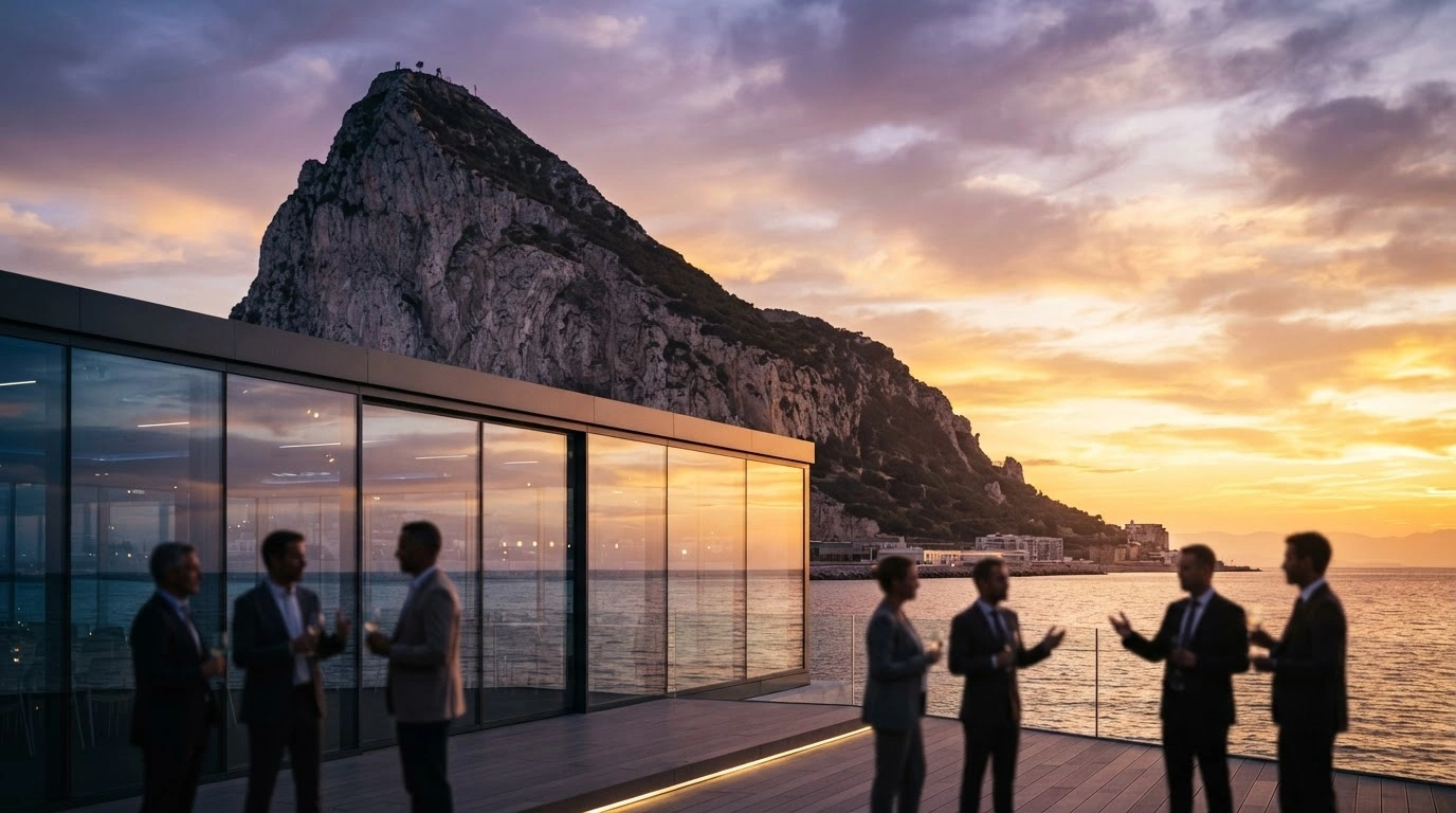 The Rock of Gibraltar serves as the backdrop for a modern glass conference center hosting the European Prediction Markets Summit.