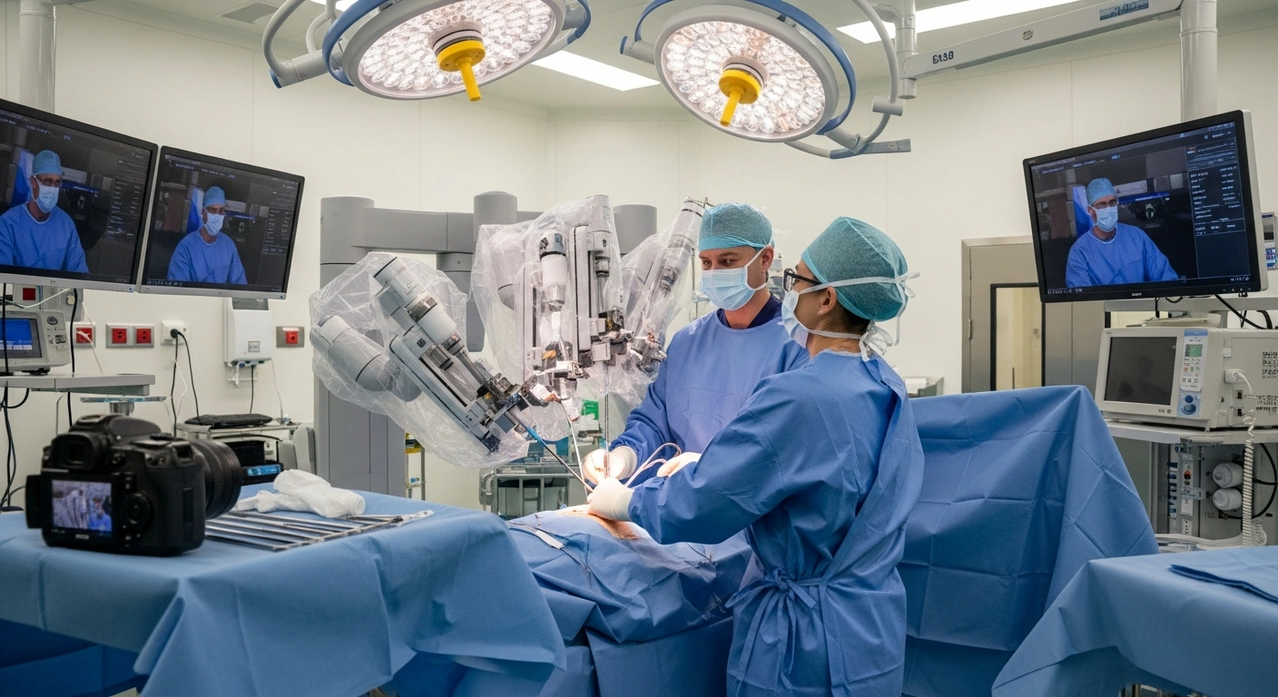A sophisticated robotic surgical arm, poised for precision, operates within a sterile theater, representing the Gibraltar Health Authority's newly launched robotic-assisted surgery program at St Bernard's Hospital, which enhances surgical precision and expands patient treatment options.