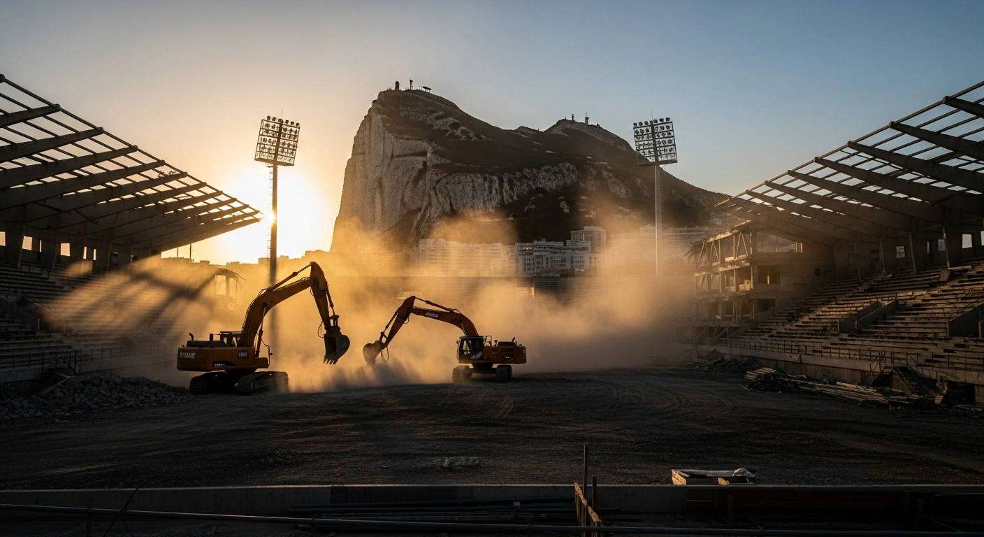 Demolition machinery actively tears down the main stand of Gibraltar's Victoria Stadium, with new stadium foundations visible and the Rock of Gibraltar in the background, symbolizing the construction of an 8,000-seat UEFA Category 4 national stadium and multi-purpose complex.