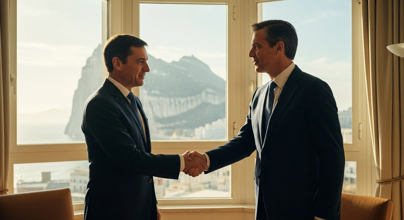 Gibraltar Chief Minister Fabian Picardo shakes hands with UK Minister for the Overseas Territories Stephen Doughty during a formal meeting.