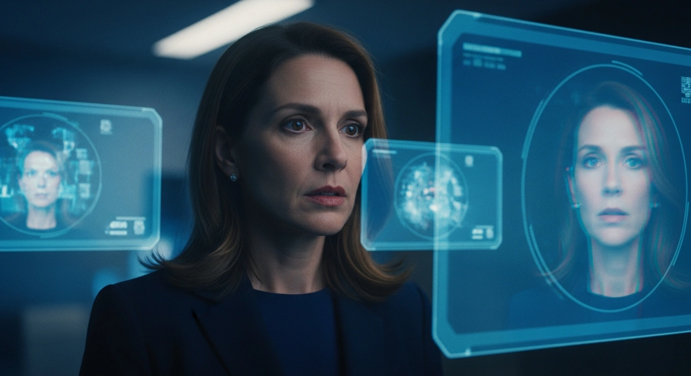 Italian Prime Minister Giorgia Meloni stands in a dark office surrounded by glowing digital screens that highlight the risks of AI-generated deepfake technology.