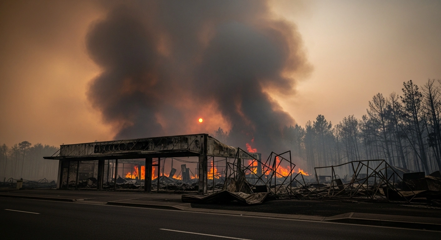 The charred remains of a business stand in the Gironde region of France following severe wildfires that forced thousands of evacuations.
