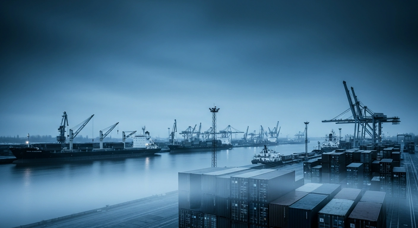 A view of the Giurgiulești port at twilight, where cargo ships and shipping containers are positioned along the riverbank as a transit point for military supplies.