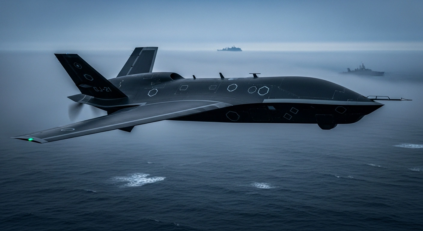 A Chinese GJ-21 stealth drone flies over the Taiwan Strait to monitor naval activity.