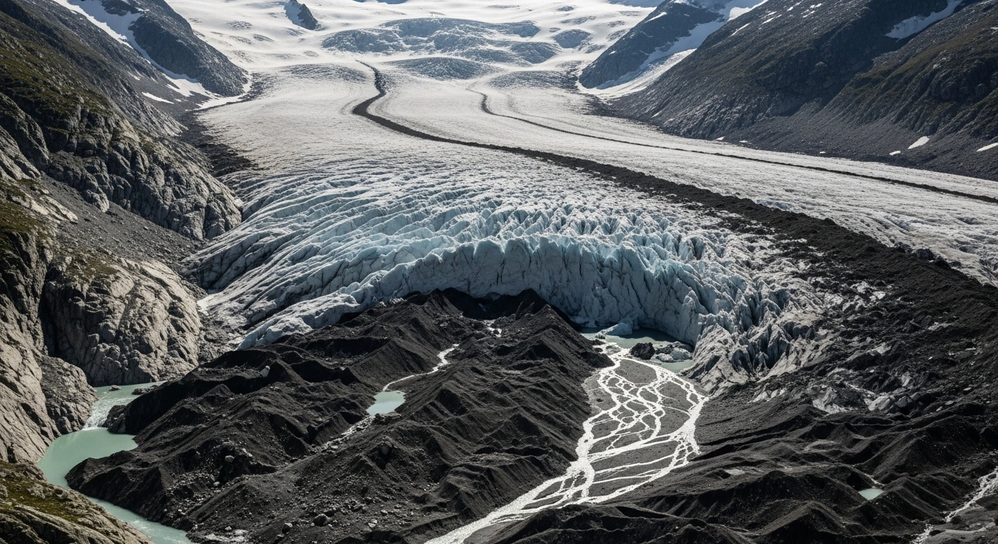 A wide, cinematic shot of a visibly receding glacier in the Italian Alps, with exposed dark rock and meltwater in the foreground, symbolizing the concerns voiced by Olympic champions Lindsey Vonn, Mikaela Shiffrin, and Federica Brignone about the future of winter sports.