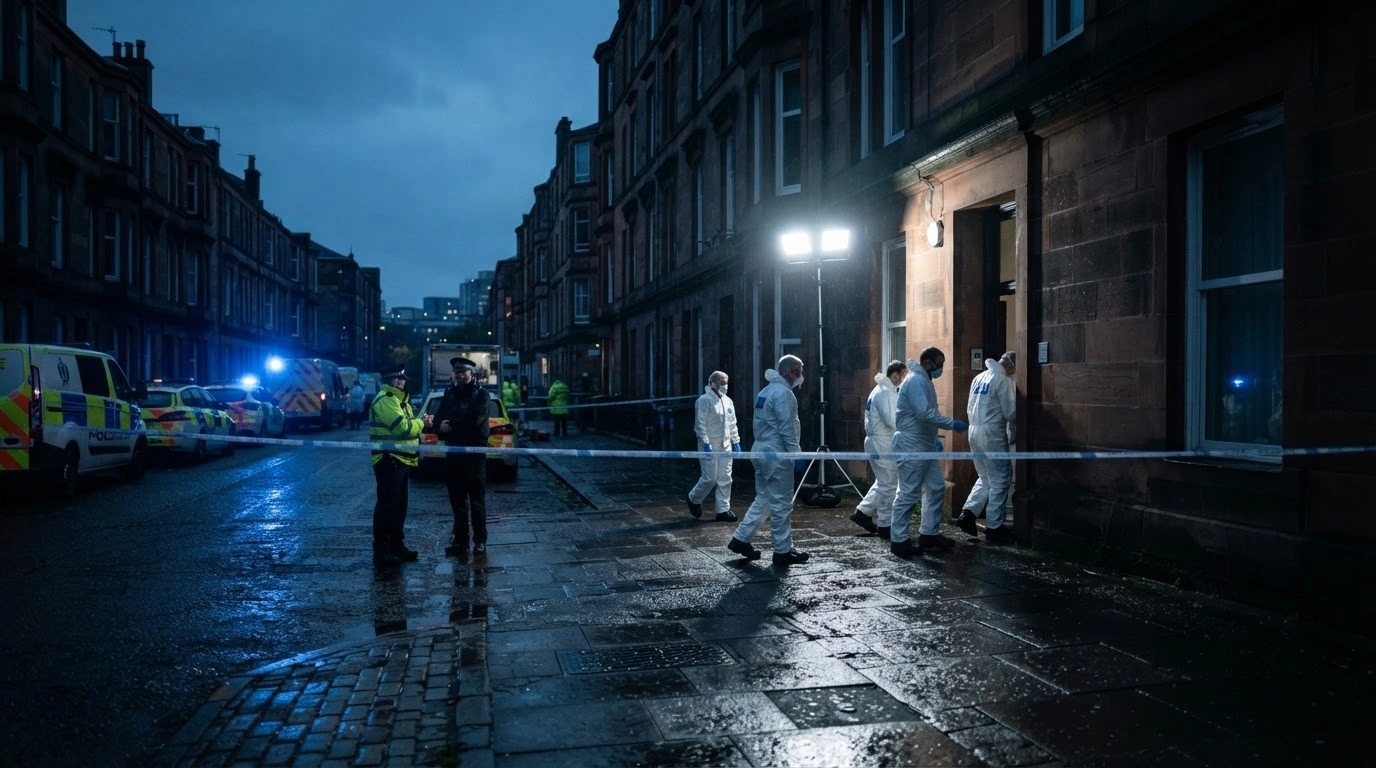 Forensic teams investigate a crime scene at a residential flat in Glasgow following a double murder inquiry.