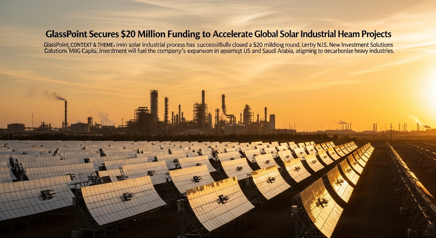 A sweeping cinematic wide shot of a vast, state-of-the-art solar thermal field with gleaming parabolic mirrors integrated into a heavy industrial complex, bathed in the warm glow of a setting sun, symbolizing sustainable progress and global expansion.