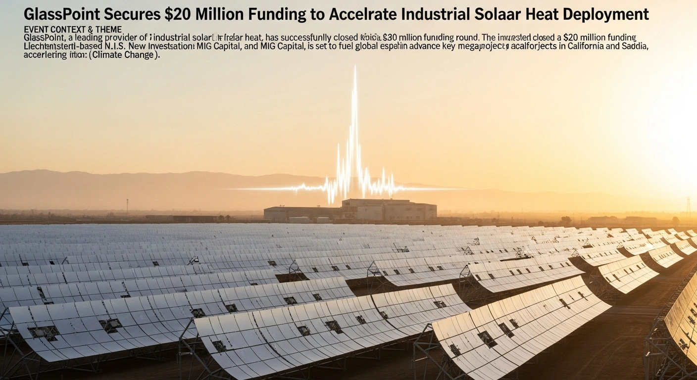 A wide, cinematic shot of a vast industrial solar thermal field at sunrise, with parabolic mirrors reflecting golden light, symbolizing GlassPoint's $20 million funding round led by N.I.S. New Investment Solutions and MIG Capital, fueling global expansion and industrial decarbonization megaprojects in California and Saudi Arabia.