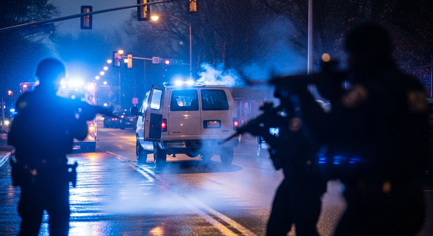 A tense, rain-slicked street scene in Glen Burnie, Maryland, on Christmas Eve, illuminated by emergency lights, showing the rear of a white cargo van and silhouettes of federal agents after an incident where agents shot and injured two individuals.