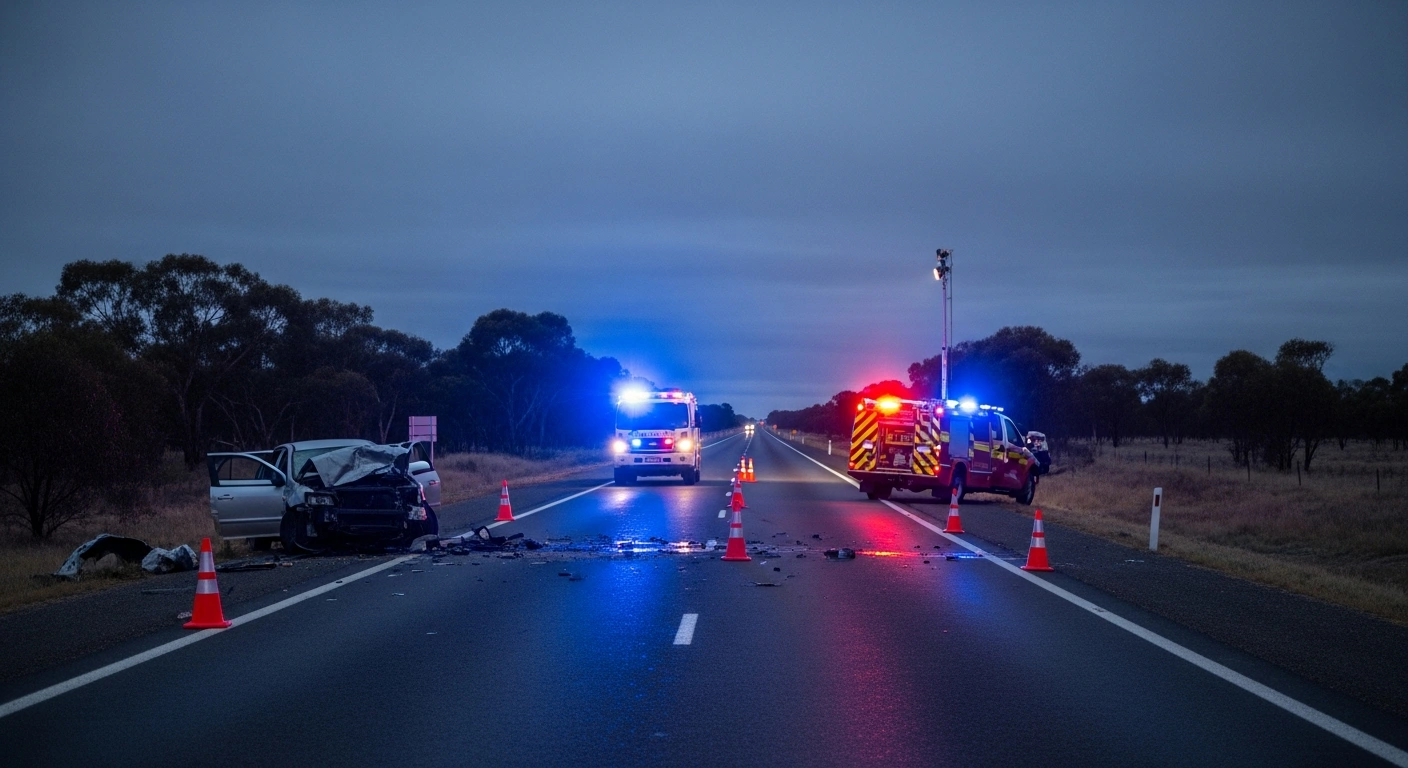 Emergency vehicles and police lights illuminate the scene of a fatal single-vehicle crash on the Riddoch Highway in Glenroy, South Australia.
