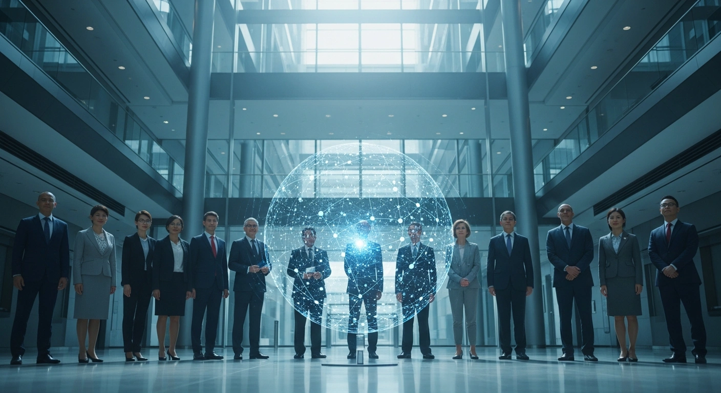 International representatives gather in a modern hall to sign a global agreement for the World AI Cooperation Organization.