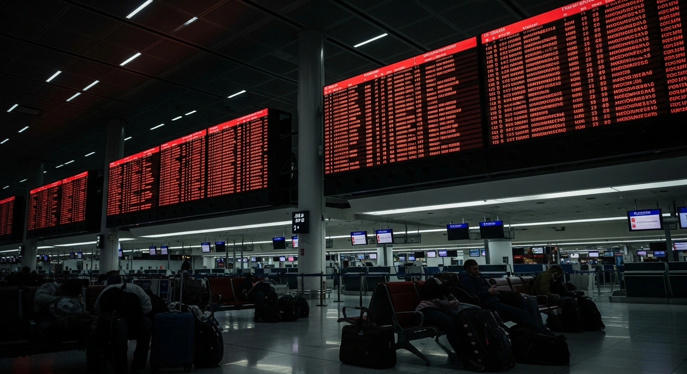 A dimly lit, vast airport terminal at night shows multiple digital departure boards filled with red indicators of non-operational flights, with a few weary, slumped travelers and scattered luggage in the foreground, symbolizing the global air travel disruption caused by recent Middle East conflicts.