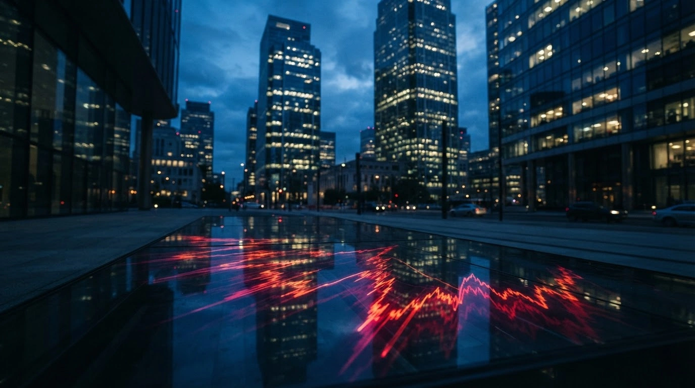 A digital visualization of volatile financial market trends and rising bond yields set against a backdrop of a modern city skyline.
