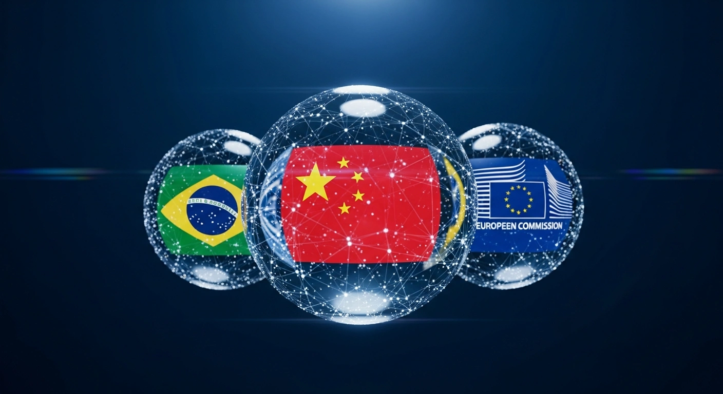 Three glowing glass spheres representing Brazil, China, and the European Commission are connected by light filaments to symbolize a new international coalition for global carbon pricing and market cooperation.