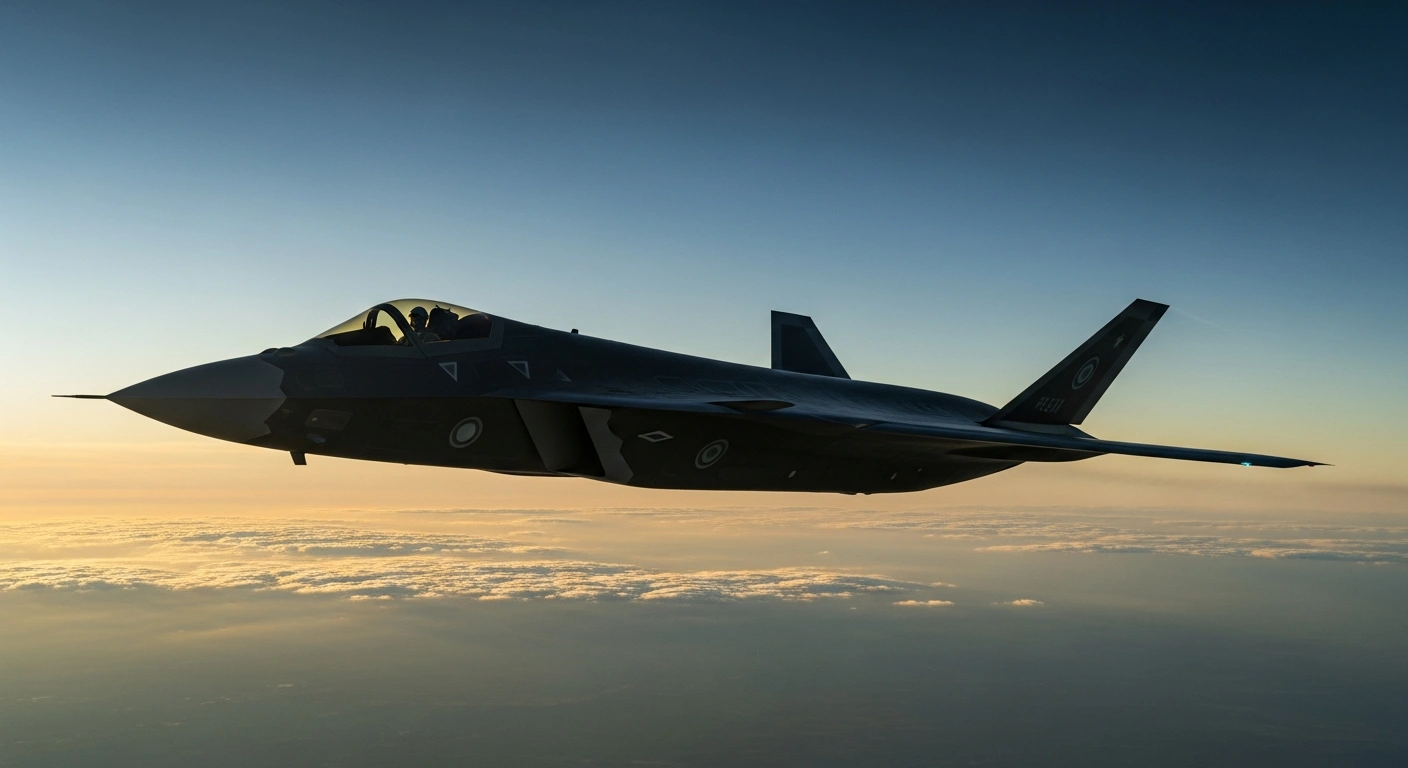 A next-generation stealth fighter jet flies through the sky as part of the Global Combat Air Programme involving Italy, the United Kingdom, and Japan.