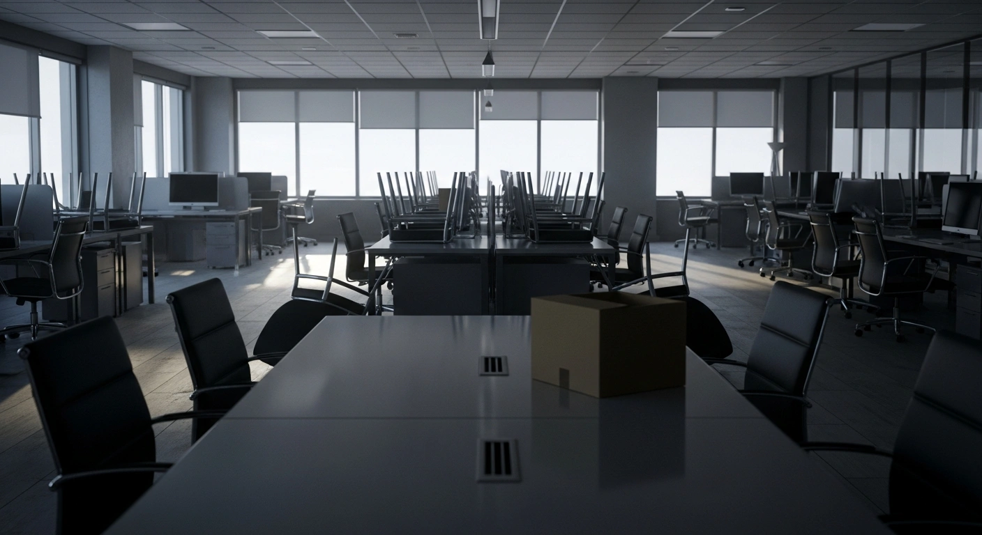 A dimly lit, empty corporate office with a single half-packed cardboard box on a conference table, symbolizing the collapse of Global Counsel and the redundancy of 80 UK staff following revelations about co-founder Peter Mandelson's links to Jeffrey Epstein.