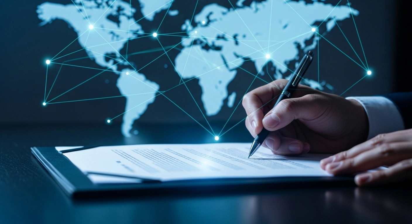 A close-up, low-angle shot features a hand holding a pen, poised over a dark, textured document illuminated by a cool blue digital glow, with a softly focused background showing an ethereal projection of interconnected digital lines forming a global network, representing the signing of a historic international cybercrime treaty by Guinea-Bissau and other nations.
