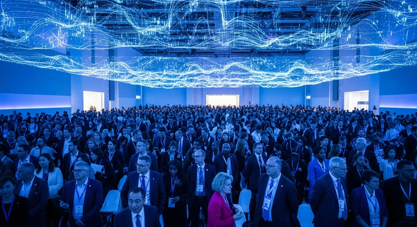 A wide, elevated shot captures the bustling main hall of the Jio World Convention Centre in Mumbai, illuminated by futuristic blue and purple lighting, where a diverse crowd of global leaders and fintech innovators gathers for the Global Fintech Fest (GFF) 2025, with a holographic projection symbolizing AI-powered finance.