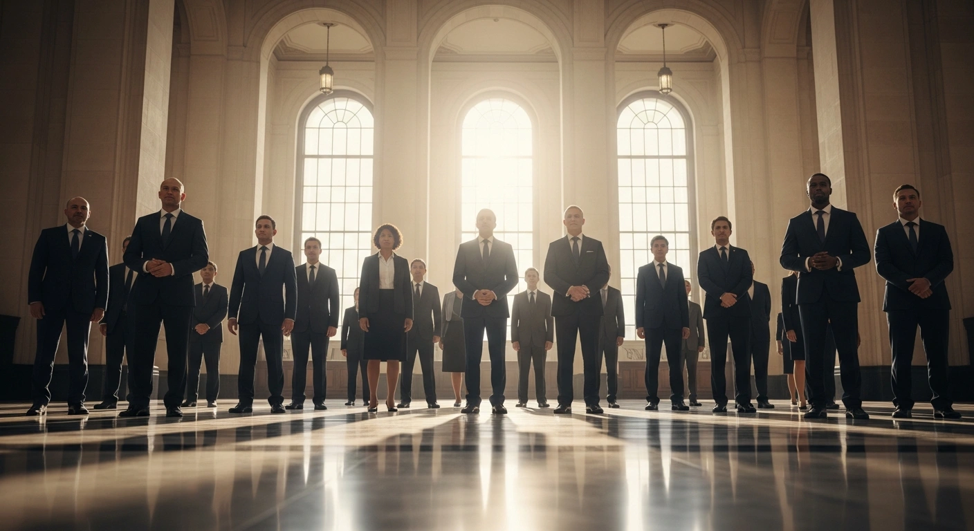 A group of international diplomats stands in a grand hall to represent the global governance goals of emerging markets and developing nations.
