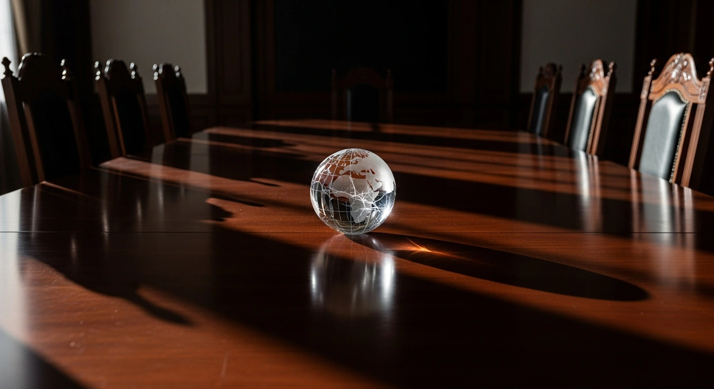 A dimly lit, polished mahogany conference table holds a cracking crystal globe, symbolizing the global minimum tax rate, surrounded by empty, askew chairs representing EU member states reconsidering their commitment and the US withdrawal, highlighting the fragility of international tax agreements.