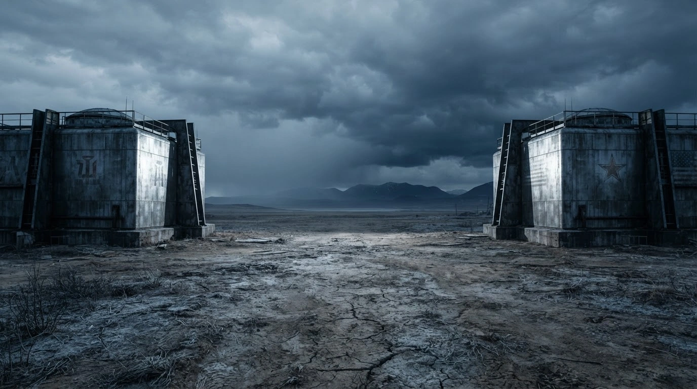 Two industrial nuclear containment structures stand in a desolate landscape, representing the decline in nuclear security cooperation between Russia and the United States.
