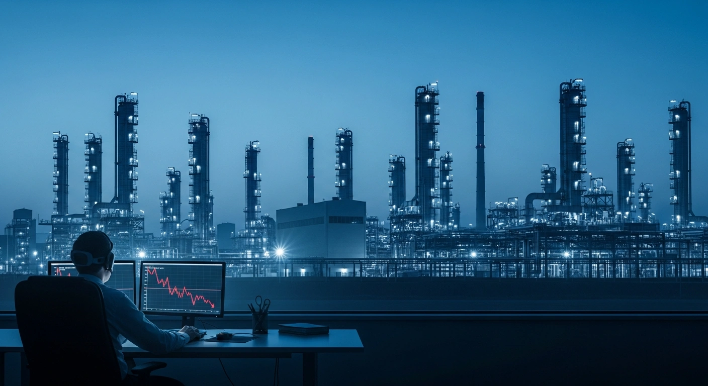 A trader monitors a downward trend in global crude oil prices on a screen inside a dimly lit office overlooking an industrial oil refinery.
