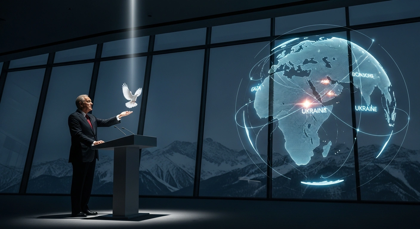 A statesman-like figure stands at a podium before a glowing holographic globe highlighting conflict zones, with a symbolic dove flying from their hand against a backdrop of snow-capped mountains, representing global peace initiatives by leaders like Donald Trump and Volodymyr Zelenskyy.