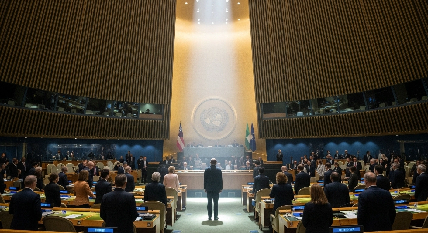 A distinguished figure stands in a grand, softly lit assembly hall, representing Australia's leadership, through the Australian Academy of Science and Burnet Institute, at the 80th UN General Assembly, advocating for healthy indoor air as a human right, a global pledge supported by France, Montenegro, and over 150 organizations.