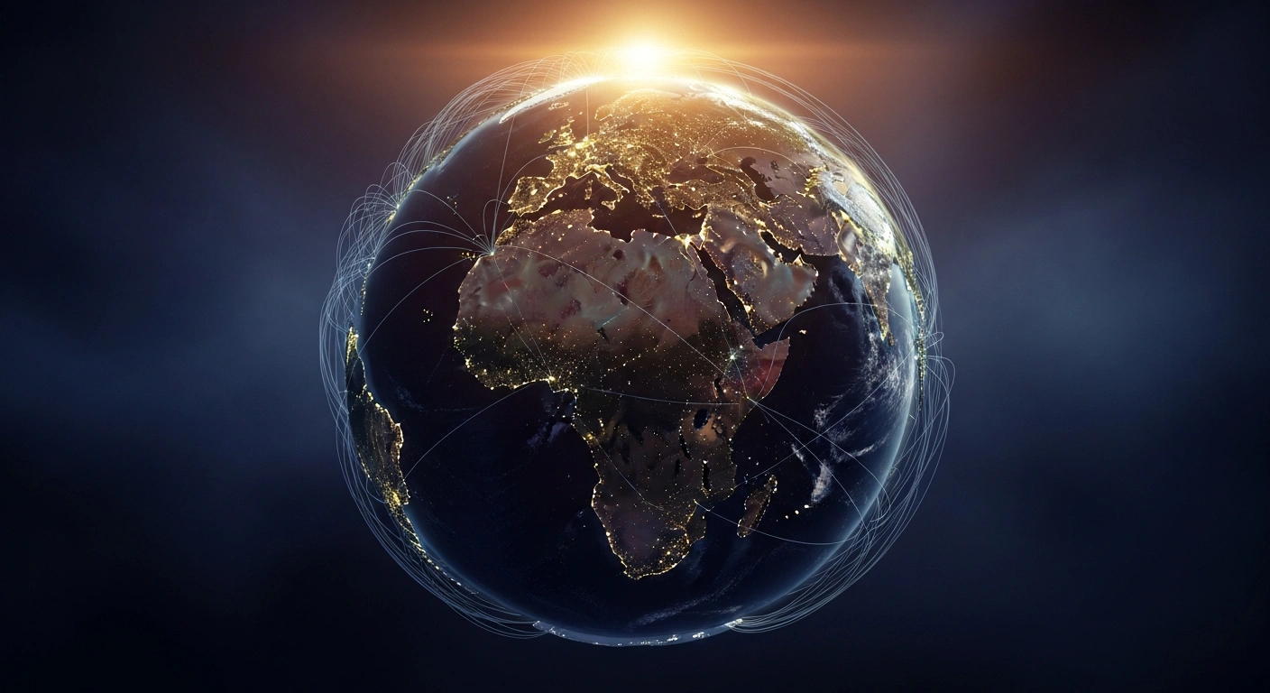 A symbolic representation of the shifting global order featuring a glowing map centered on the Global South during a sunrise.