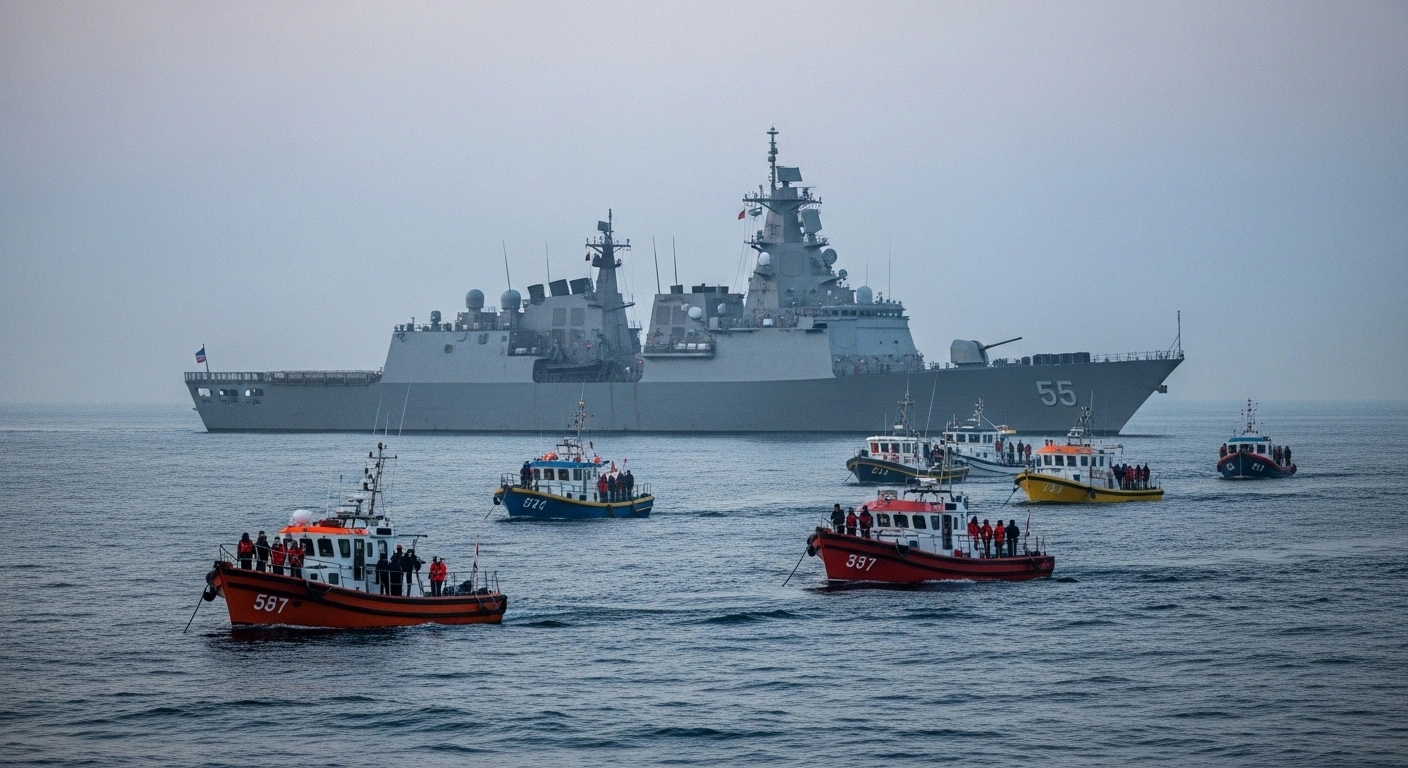 A wide, cinematic shot at pre-dawn depicts a grey Israeli naval warship looming over a cluster of smaller, brightly colored civilian vessels of the Global Sumud Flotilla, carrying humanitarian aid to Gaza, intercepted in international waters.