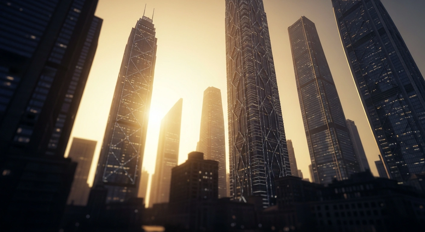 A futuristic cityscape at dawn, featuring prominent, illuminated Asian-inspired architecture rising above older, shadowed Western-style buildings, symbolizing the global technology landscape shift with Asian innovators, particularly China in AI and robotics, taking a leading role as discussed at Web Summit 2025.