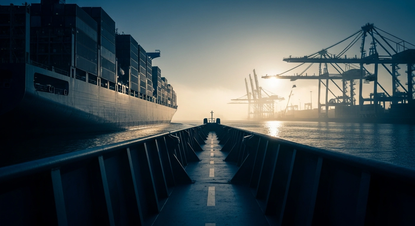 A large cargo ship sails through an industrial port as global trade policies regarding maritime shipping fees shift.