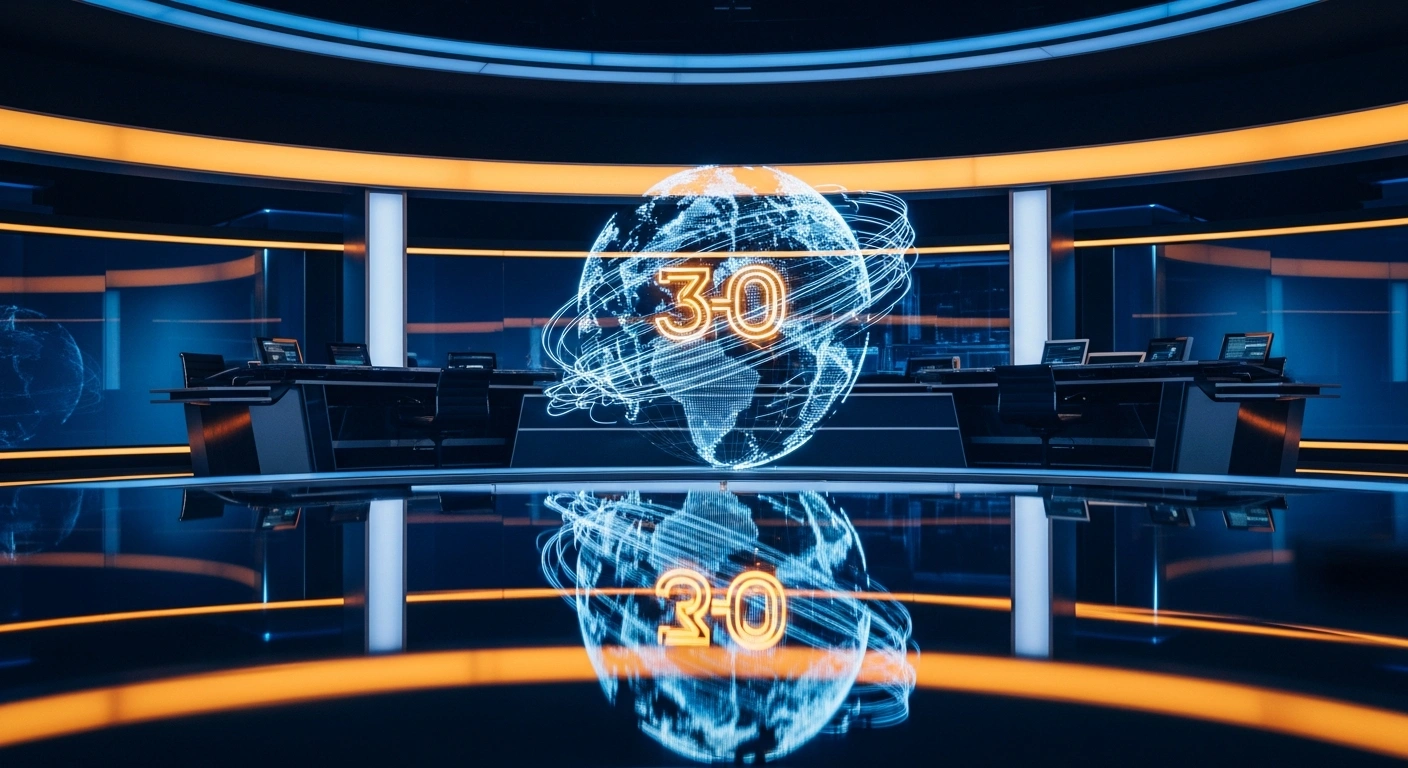A modern, high-tech news studio features a glowing digital globe representing the thirty-year anniversary of the Brazilian news channel GloboNews.