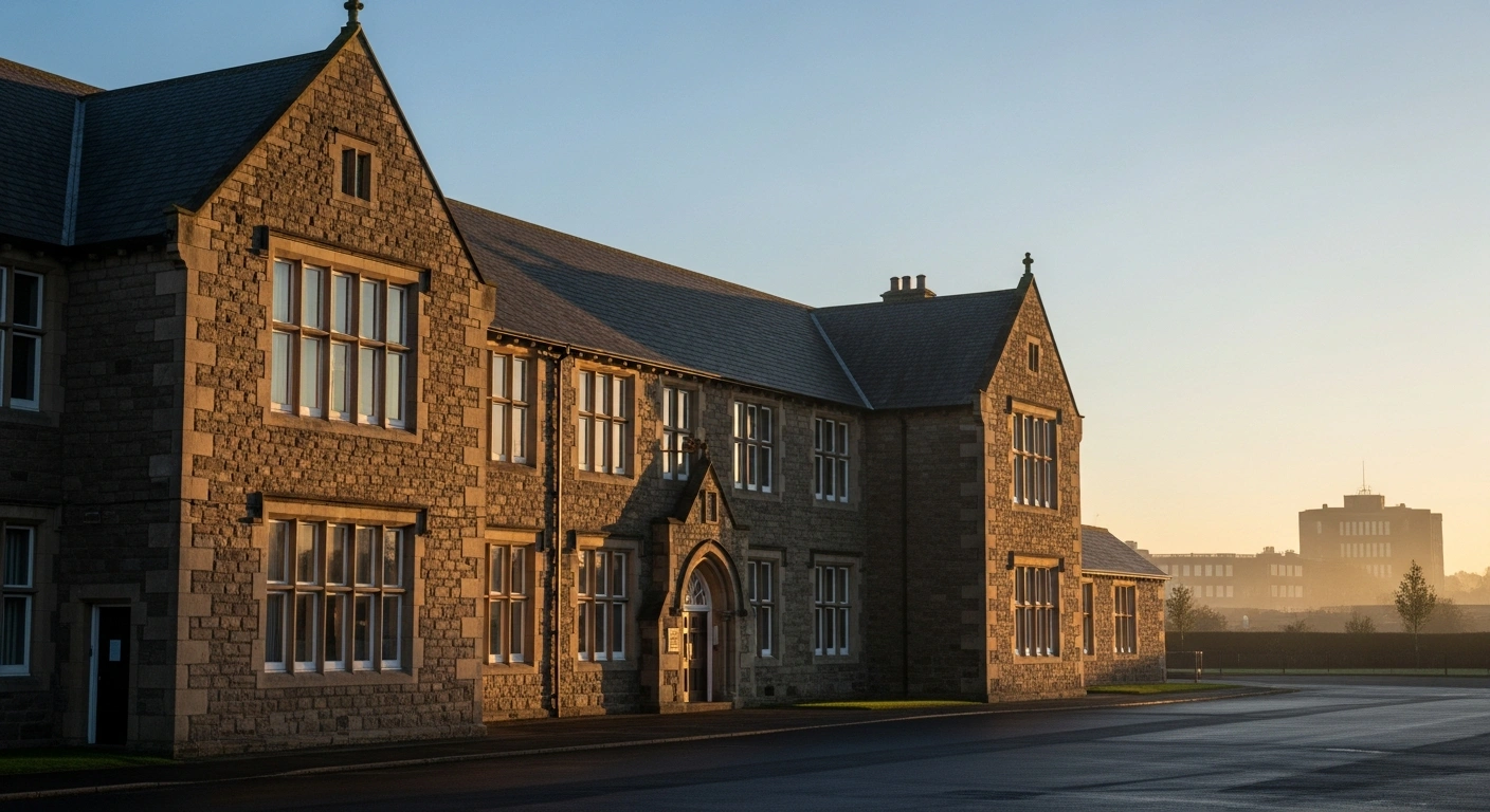 A venerable, stone-clad school building, representing Gloriavale Christian School, stands stoically in the soft, golden light of dawn, symbolizing its continued operation after a High Court order prevented the Ministry of Education from canceling its registration due to safety and compliance concerns.