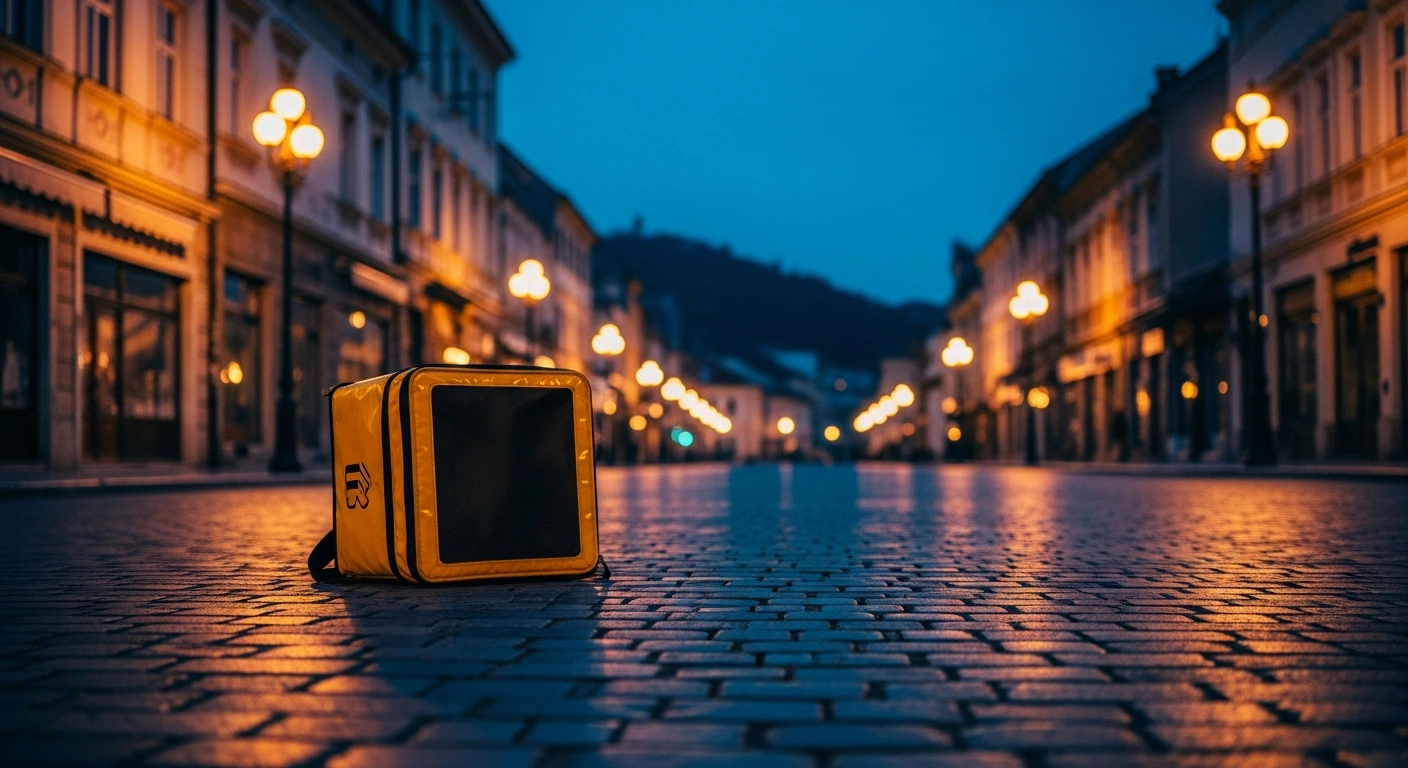 An abandoned yellow delivery backpack sits on a quiet street in Bosnia and Herzegovina following the suspension of Glovo operations.