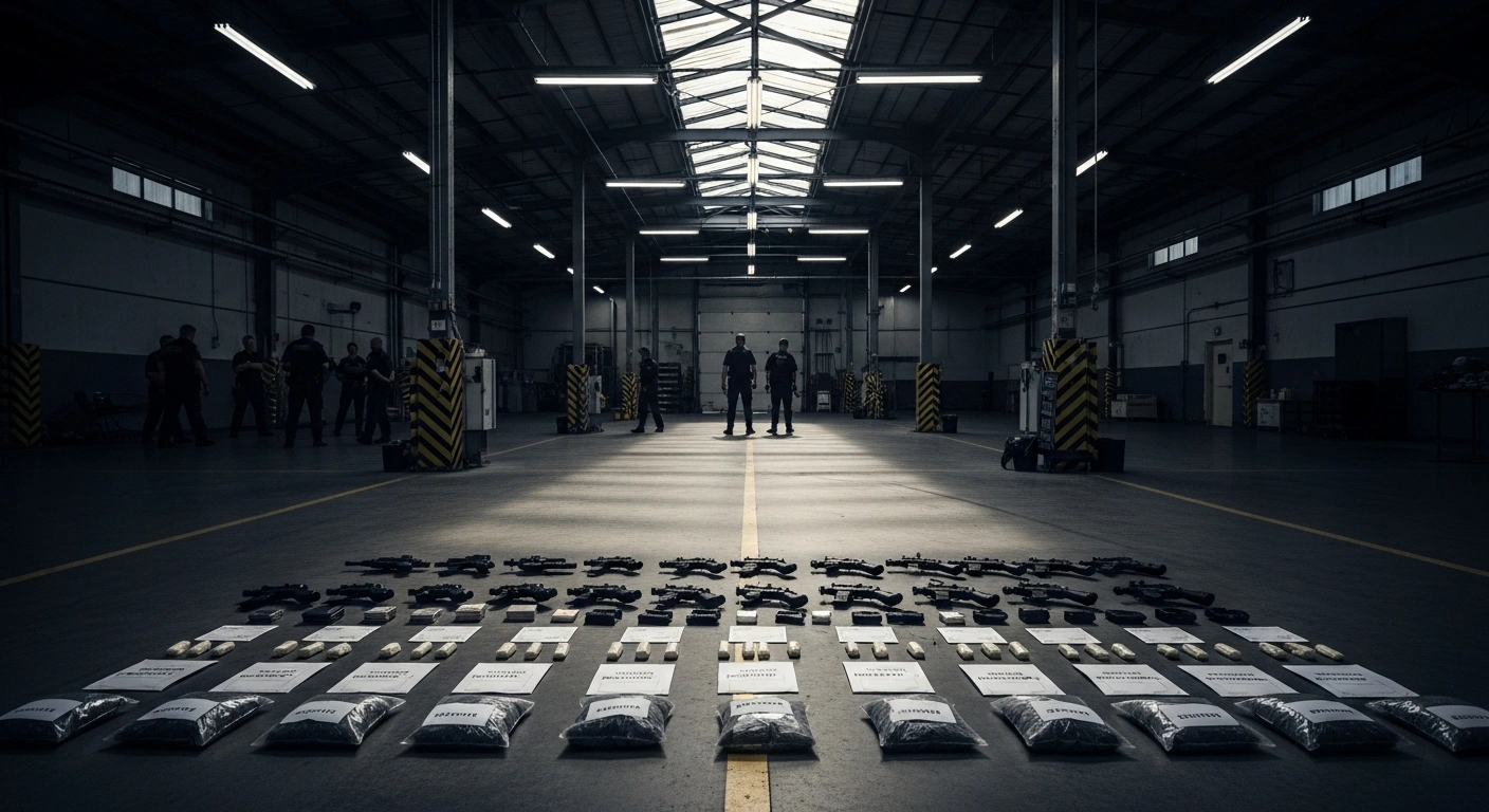 A wide, slightly elevated view inside a stark industrial warehouse shows meticulously arranged evidence bags containing various illicit substances, including fentanyl and cocaine, and confiscated firearms on a concrete floor, with uniformed and plainclothes law enforcement officers moving in the background, depicting the aftermath of a major drug trafficking investigation like 'Operation Powder Island' in Glynn County, Georgia.