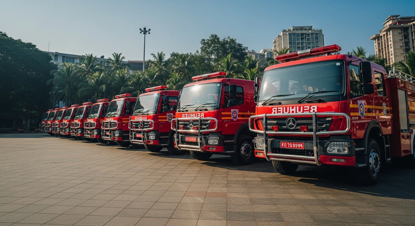 Goa Chief Minister Pramod Sawant stands before a new fleet of advanced firefighting and emergency response vehicles during an official inauguration ceremony.