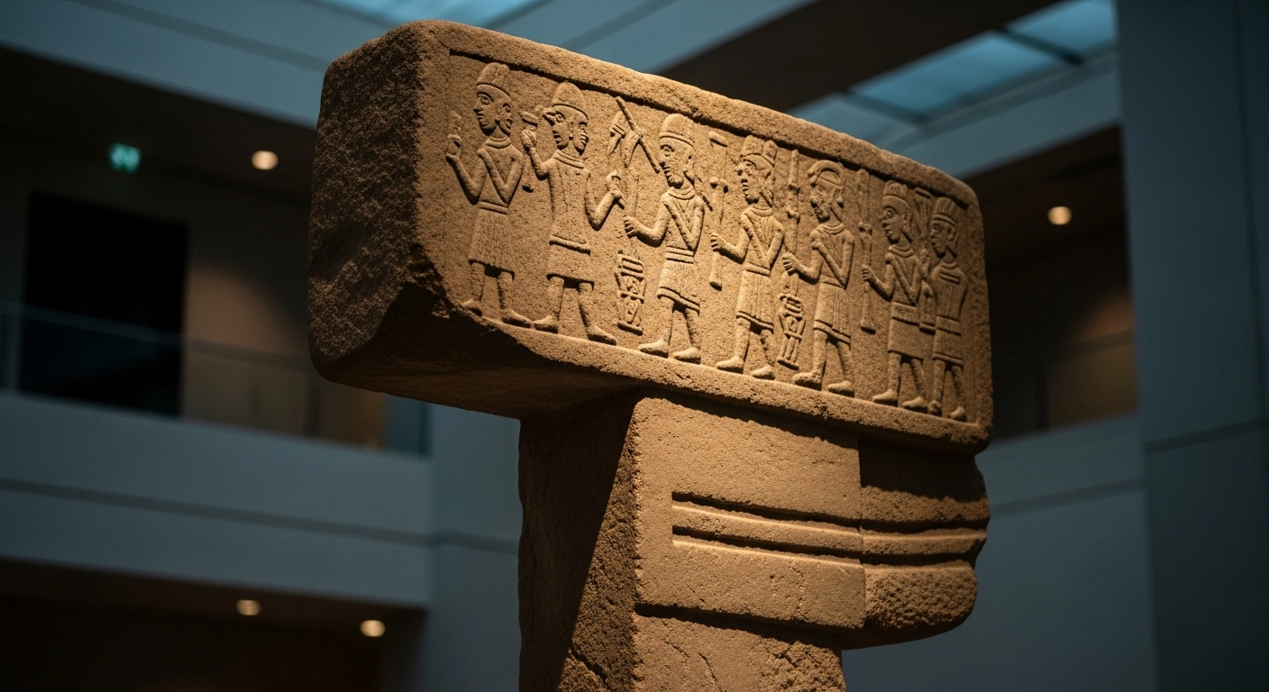 A dramatically lit, intricately carved T-shaped stone pillar, an artifact from ancient Göbeklitepe or Taş Tepeler, is displayed in a modern exhibition space, representing the Neolithic transition to settled life at the 'Building Community' exhibition in Berlin's James-Simon-Galerie.