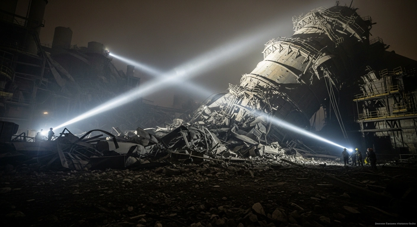 A wide, low-angle view captures the aftermath of a tragic industrial accident at the Godawari Power and Ispat Limited plant in Siltara, Raipur, Chhattisgarh, showing a partially collapsed furnace with twisted metal, scattered debris, and rescue workers with headlamps searching through the dust, where six workers died and six were injured during maintenance.