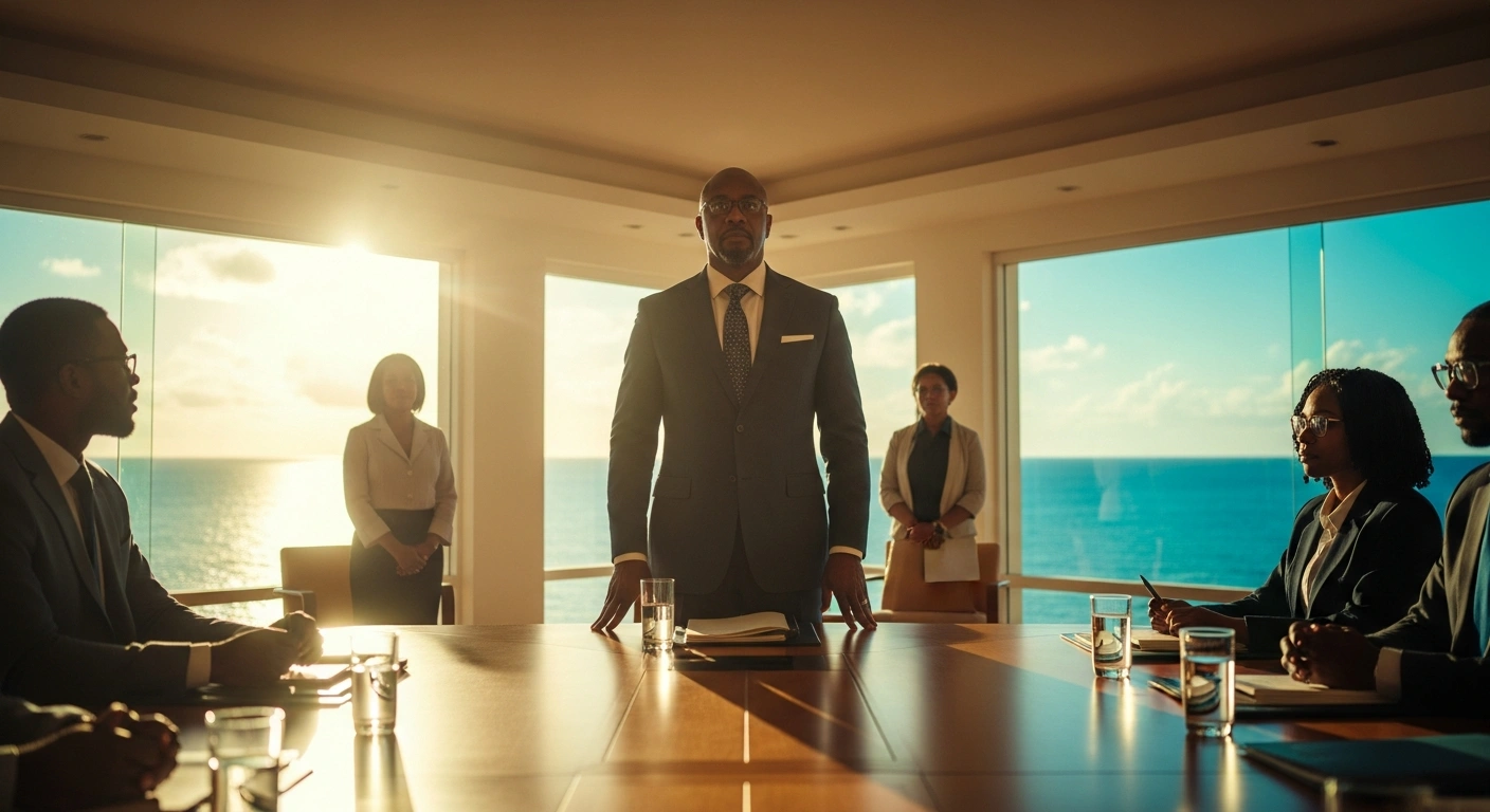 A distinguished Caribbean leader, representing Prime Minister Godwin Friday of St. Vincent and the Grenadines, stands resolutely at a sun-drenched conference table overlooking the Caribbean Sea, symbolizing his attendance at the 50th CARICOM Heads of Government meeting in Basseterre, St. Kitts and Nevis, to address critical regional issues.