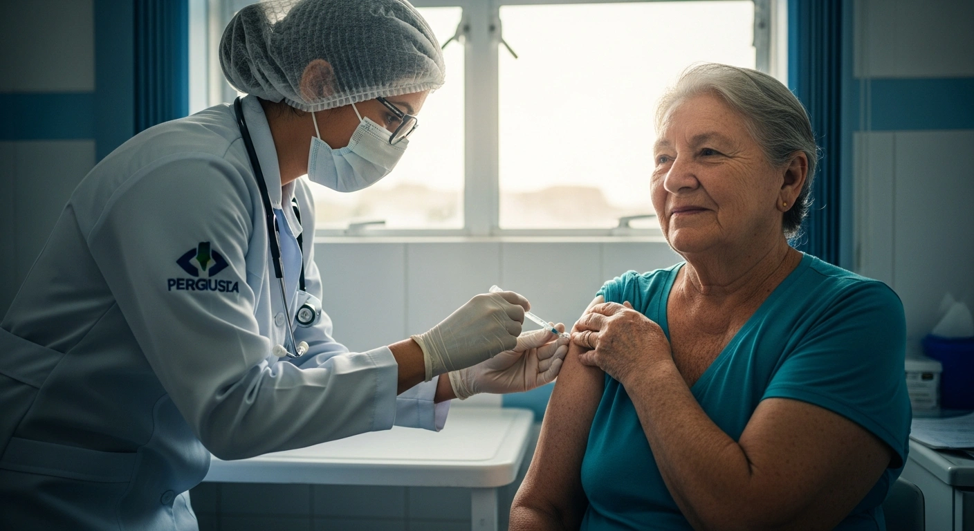 A healthcare worker administers an influenza vaccine to an elderly patient during the vaccination campaign in Goiás, Brazil.