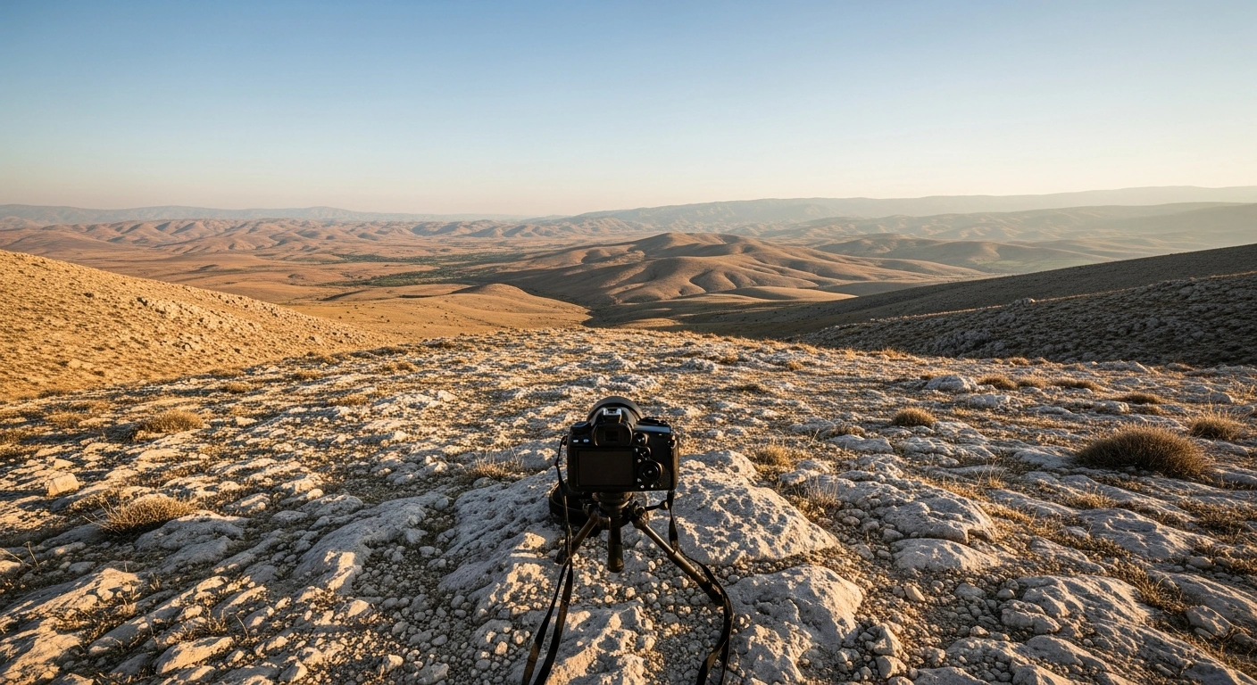 A peaceful, sunlit landscape in the Kahramanmaraş province near Göksun, Turkey, following a minor seismic event with no visible damage.