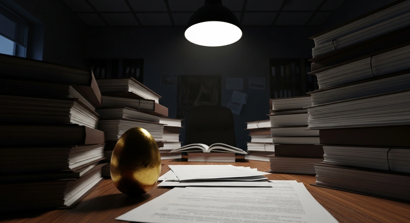 A dimly lit office table is piled high with official documents and ledgers, with a single golden egg prominently displayed, symbolizing the completed investigation into large-scale embezzlement at Ukraine's Defense Ministry involving food procurement and inflated prices.